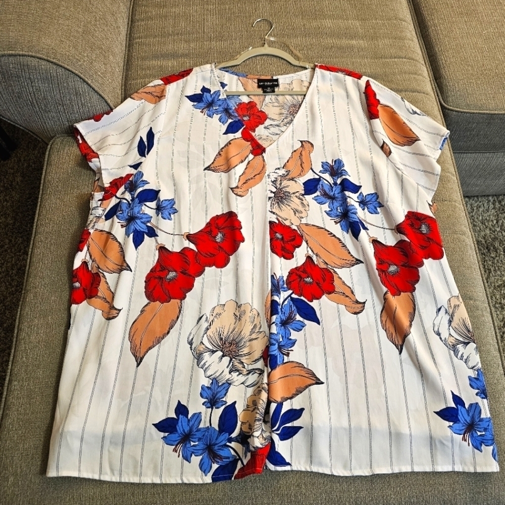 Liz Claiborne Red Blue Floral White Stripe Boho Casual Office Top Size 3X